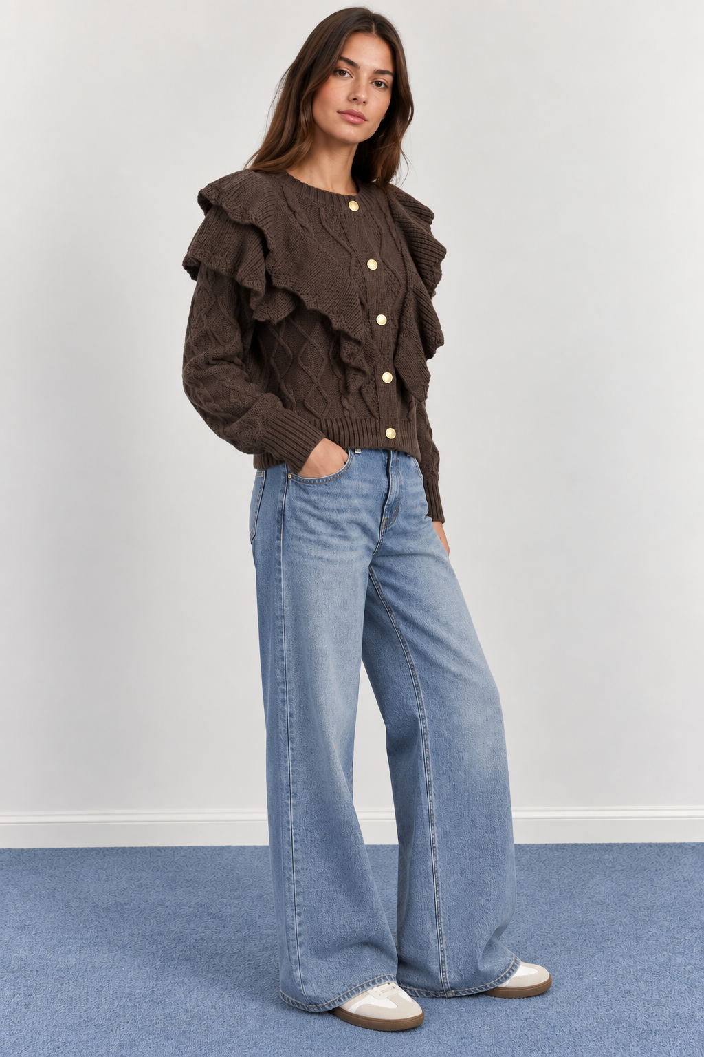 Chunky Cable-Knit Ruffled Cardigan - A1631