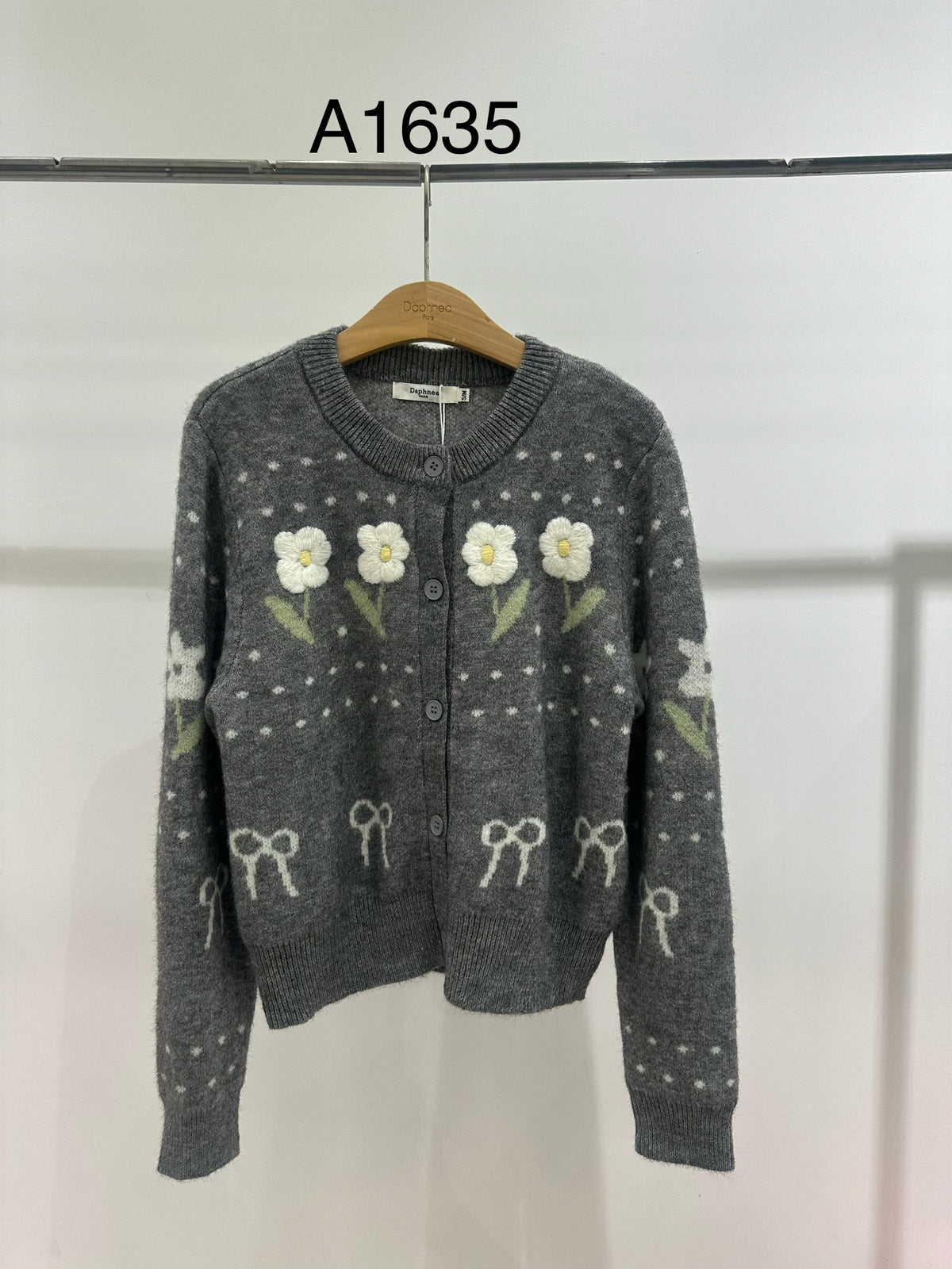 Soft Knit Cardigan with Floral Patterns and Woven Bows - A1635