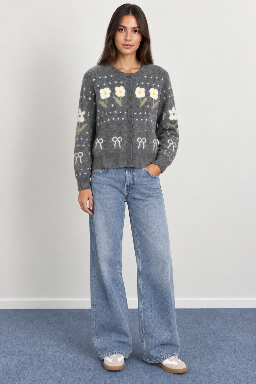 Soft Knit Cardigan with Floral Patterns and Woven Bows - A1635