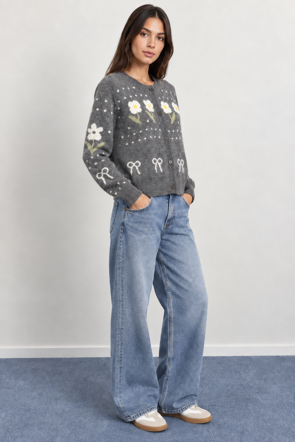 Soft Knit Cardigan with Floral Patterns and Woven Bows - A1635