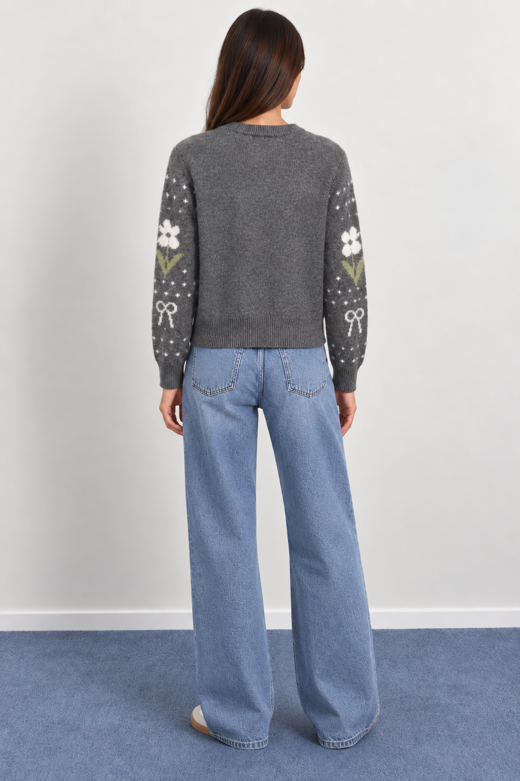 Soft Knit Cardigan with Floral Patterns and Woven Bows - A1635