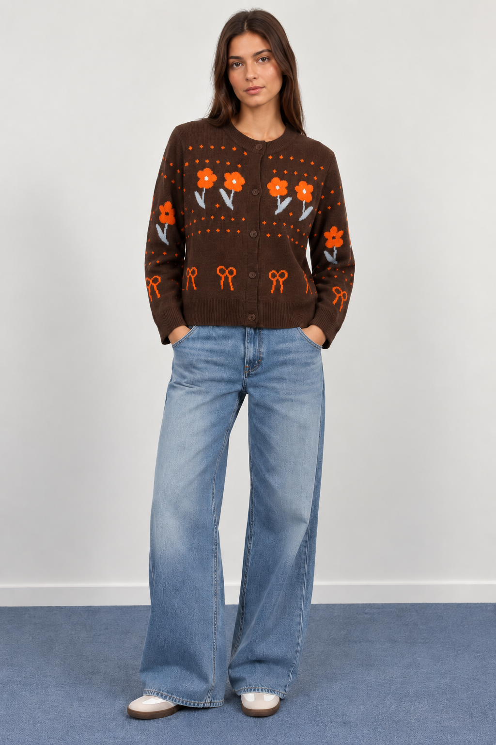 Soft Knit Cardigan with Floral Patterns and Woven Bows - A1635