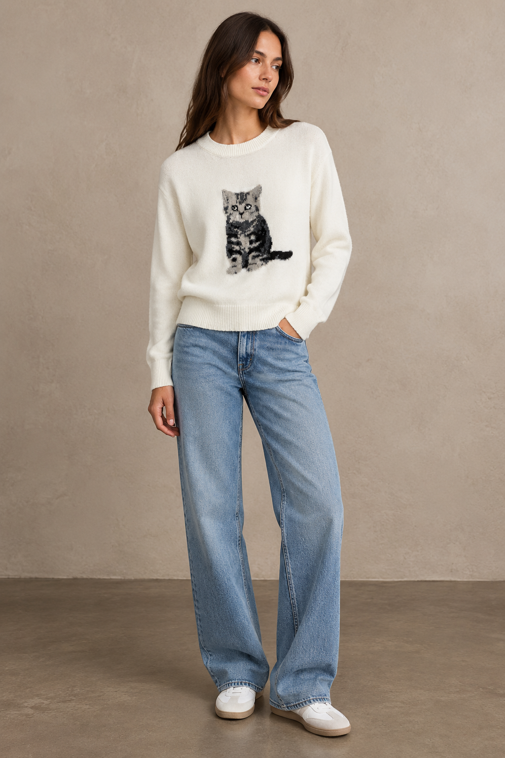 Cat Pattern Knit Sweater - A1637