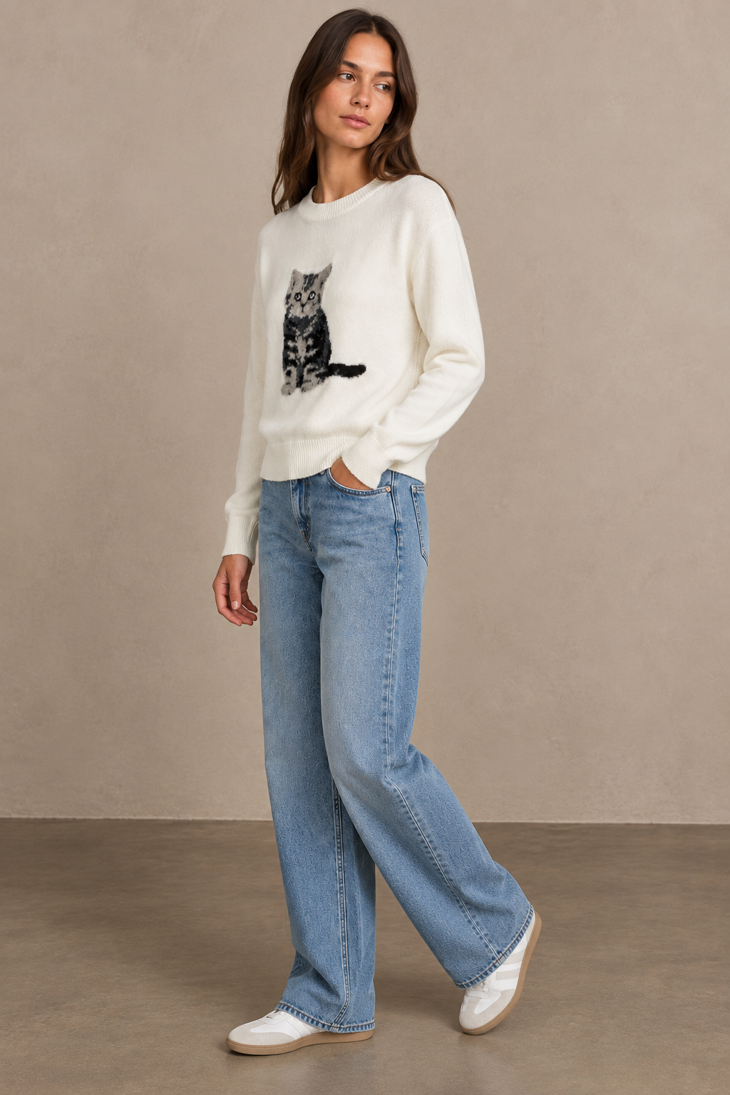Cat Pattern Knit Sweater - A1637
