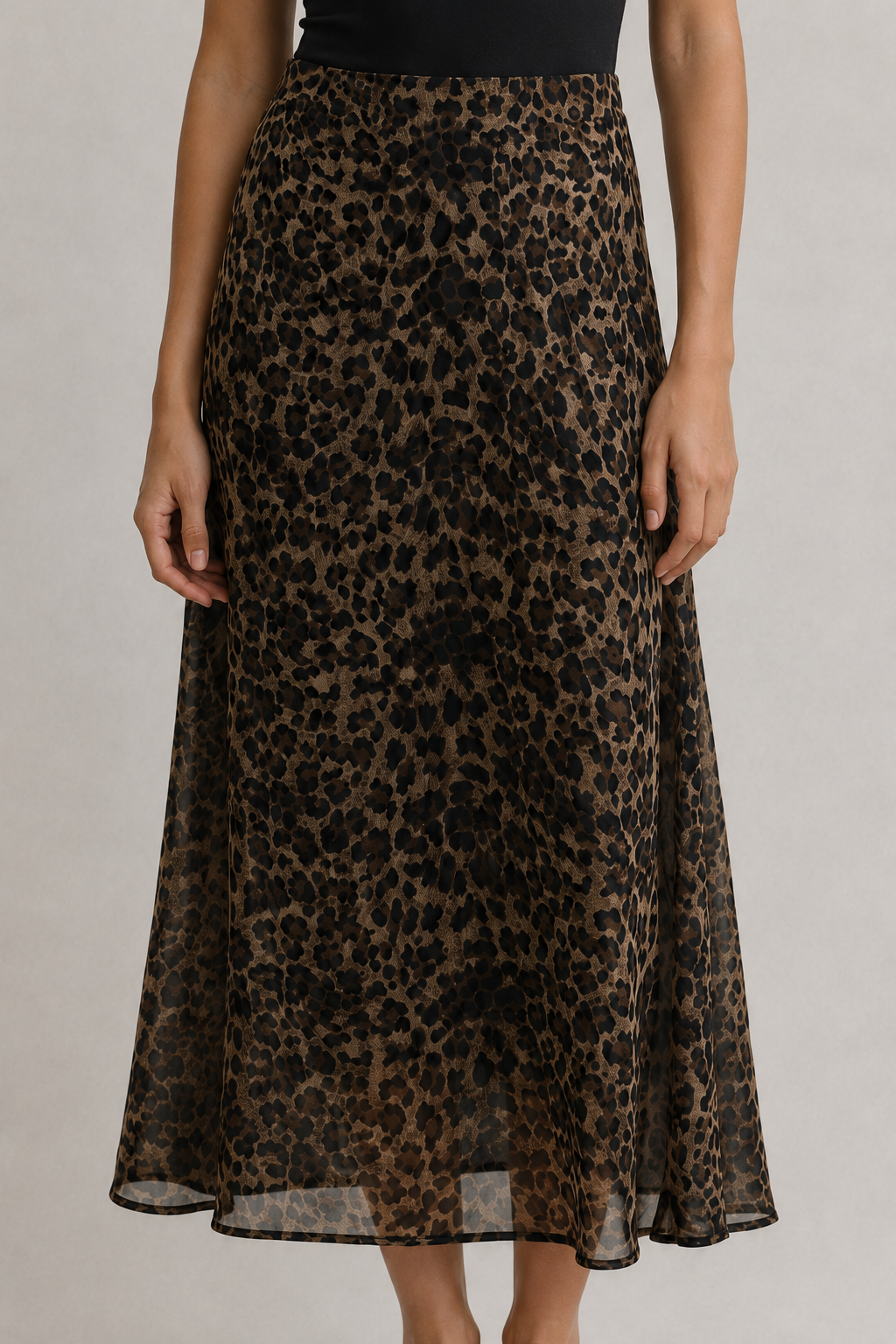 Women's Long Leopard Print Voile Skirt - Flared High-Waist - 32260