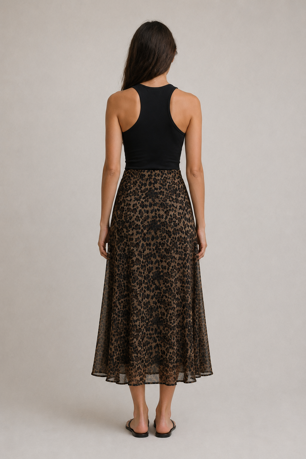 Women's Long Leopard Print Voile Skirt - Flared High-Waist - 32260