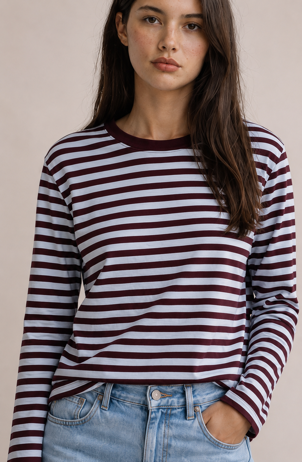 Camiseta de manga larga a rayas y cuello redondo para mujer - 32255
