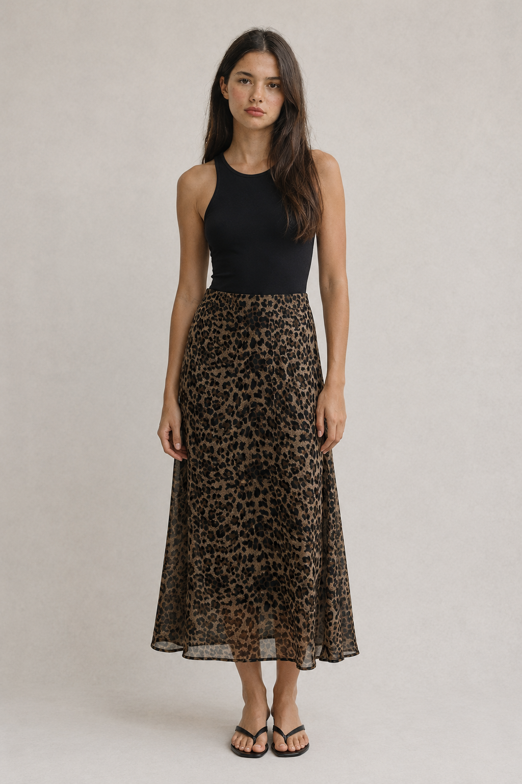 Women's Long Leopard Print Voile Skirt - Flared High-Waist - 32260